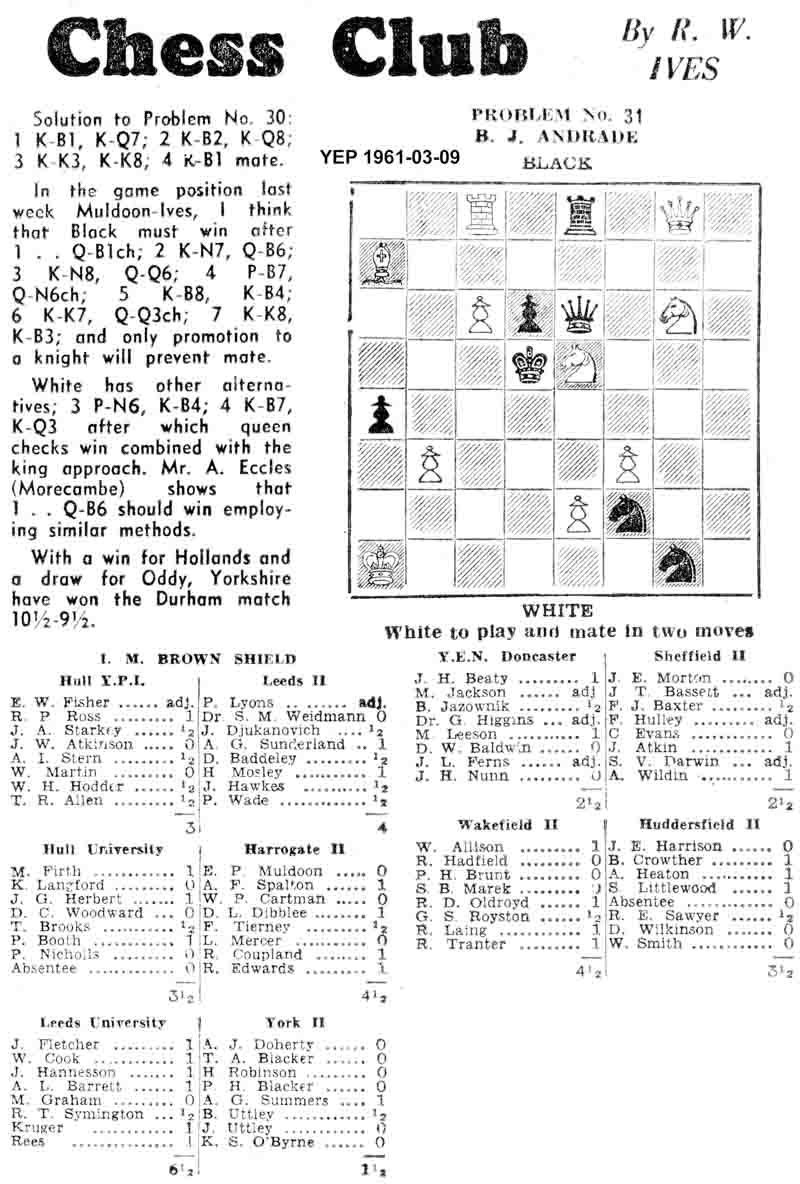 9 March 1961, Yorkshire Evening Post, chess column