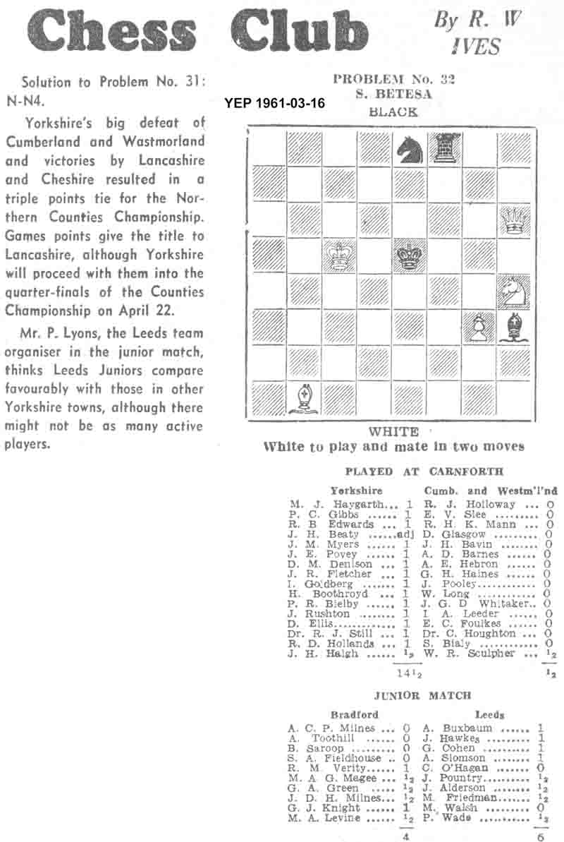16 March 1961, Yorkshire Evening Post, chess column